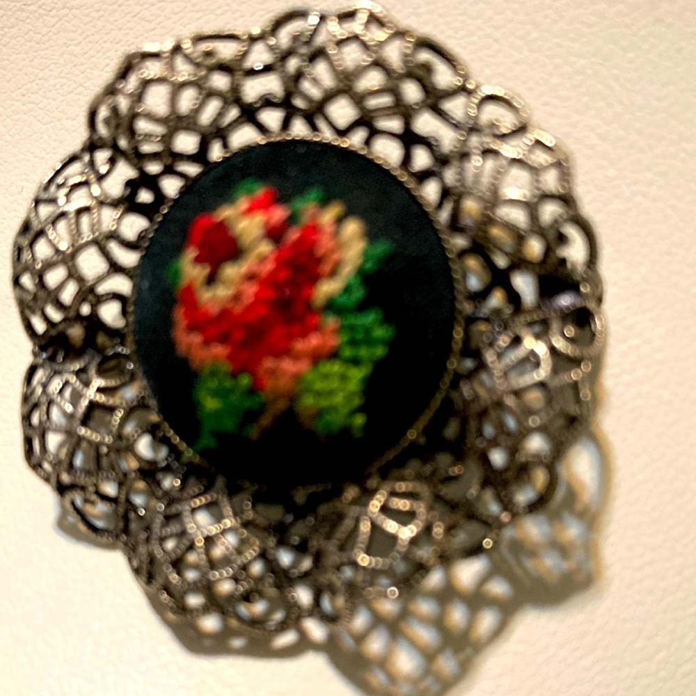 Vintage Floral Embroidered Brooch in Black and Red